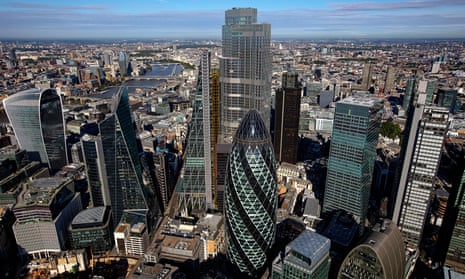 Aerial view of the City of London showing Gherkin and Cheesegrater
