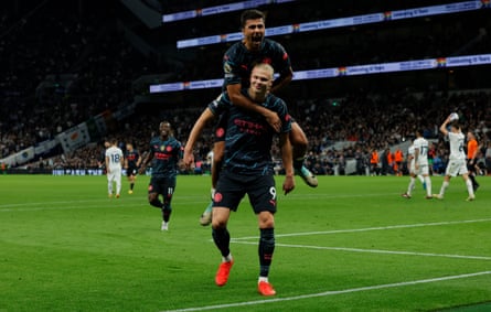 Erling Haaland celebrates scoring his second goal of the match