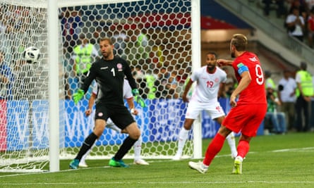 Harry Kane scores England's late winner against Tunisia at the 2018 World Cup.