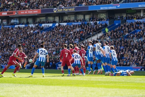 Dominik Szoboszlai of Liverpool sends his free-kick over the bar.