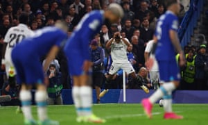 Champions League - Quarter Final - Second Leg - Chelsea v Real Madrid<br>Soccer Football - Champions League - Quarter Final - Second Leg - Chelsea v Real Madrid - Stamford Bridge, London, Britain - April 18, 2023
Real Madrid's Rodrygo celebrates scoring their first goal Action Images via Reuters/Matthew Childs TPX IMAGES OF THE DAY