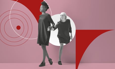 Illustration: a woman leading another woman by the hand, posed by models