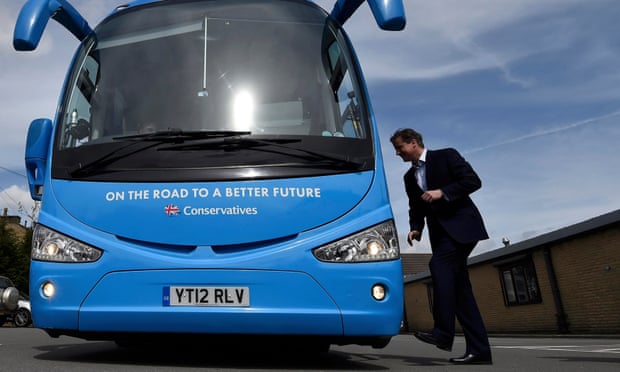 David Cameron gets on to his battlebus during the 2015 campaign.