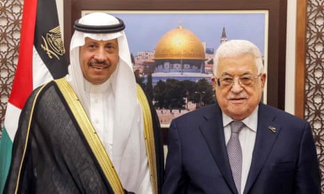 Saudi Arabia's ambassador to Palestine, Nayef al-Sudairi, and the Palestinian president, Mahmoud Abbas