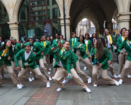Brazil players dance during their Women’s Rugby World Cup welcome ceremony at Northampton Guildhall