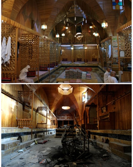 A combination picture shows Hamam El Nahasin in the Old City of Aleppo, Syria, before and after it was damaged in the war.