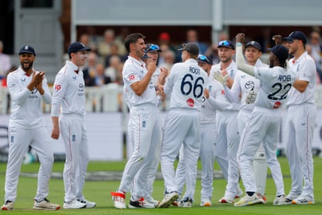 England's Josh Tongue (third left) celebrates with teammates after taking the wicket of Pakistan's Abdullah Shafique.