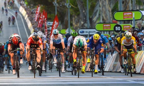 Peter Sagan (in the green helmet) dips for the line to win the People’s Choice Classic in Adelaide this month