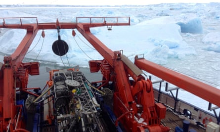 The seafloor drilling rig at work by the edge of the Pine Island glacier.