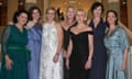 Monique Ryan, Allegra Spender, Zali Steggall, Kylea Tink, Zoe Daniel, Kate Chaney and Sophie Scamps arrive for the midwinter ball at Parliament House in Canberra on Wednesday.