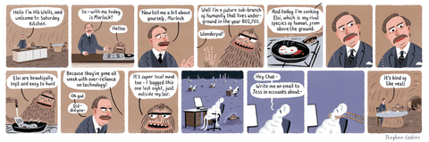 A series of Stephen Collins cartoon images about HG Wells and a Morlock , panel 1