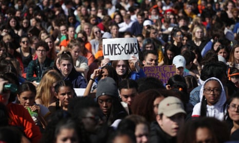 Students at a gun control rally on 14 March on Capitol Hill to mark the one-year anniversary of a nationwide gun-violence walkout that was prompted by Marjory Stoneman Douglas high school shooting.