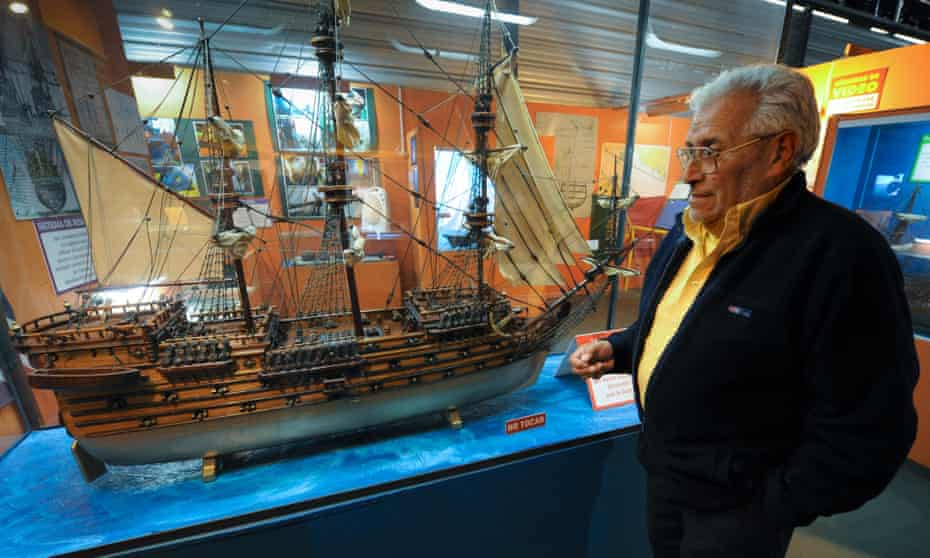 Treasure hunter Rubén Collado stands in front of a model of the British 64-cannon ship Lord Clive, sunk in 1763 under fire of the Spanish batteries, in Colonia del Sacramento, 188km west of Montevideo.