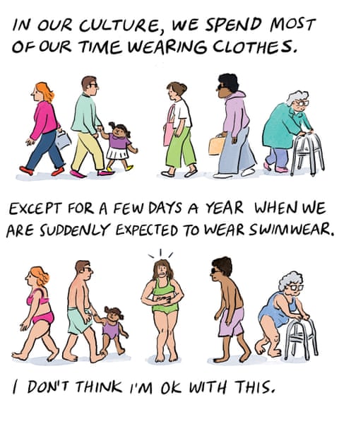 A series of cartoon images of a woman wearing swimwear., panel 1