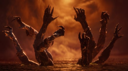 Monstrous giant arms and hands rise out of the sea