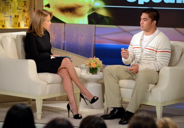 Manti Te’o speaking with host Katie Couric during an interview in January 2013 after Deadspin’s story.