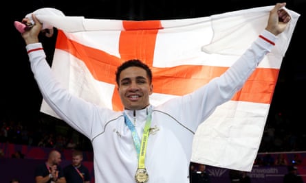 Delicious Orie celebrates winning gold after the men’s super heavyweight boxing event at the 2022 Commonwealth Games in Birmingham