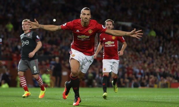 Zlatan Ibrahimovic celebrates after scoring from the penalty spot to double Manchester United’s lead.