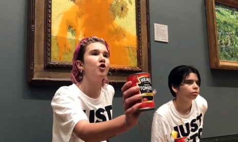 Just Stop Oil protesters throw tomato soup at Vincent Van Gogh's Sunflowers at the National Gallery in London on 14 October, shouting: 'Are you more concerned about the protection of a painting or the protection of our planet and people?'