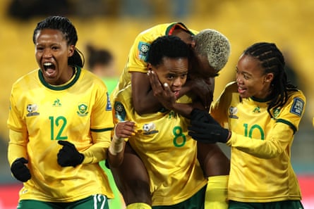 South Africa's players celebrate a goal in the group stage.