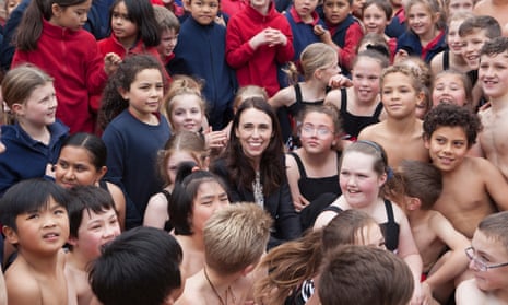 Prime Minister of New Zealand Jacinda Ardern sits with the childern of Spreydon West school on September 13, 2019 in Christchurch, New Zealand.