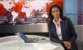 Zeinab Badawi, presenter of BBC World News, behind the desk in the World studio, 05/08/2008. (Photo by Jeff Overs/BBC News &amp; Current Affairs via Getty Images)