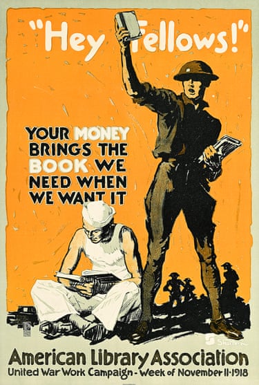 A yellow poster with a man holding books and another sitting