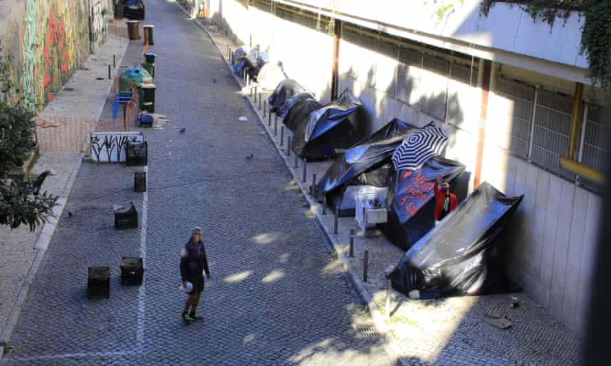 Homeless people living in tents.
