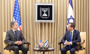 Israeli President ISAAC HERZOG (R) holds a diplomatic work meeting with U.S. Secretary of State, ANTONY BLINKEN (L) at the Presidentâ€s Residence.