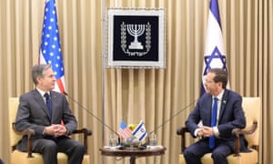 Israeli President ISAAC HERZOG (R) holds a diplomatic work meeting with U.S. Secretary of State, ANTONY BLINKEN (L) at the Presidentâ€s Residence.