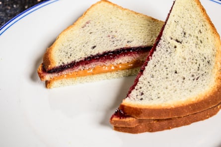 A classic peanut butter and jelly sandwich from a 1901 recipe in the Boston Cooking School magazine.