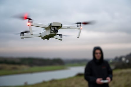 A high-end consumer drone being flown near Bridgend in Wales.