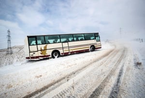 A stranded coach on Blackstone Edge near Littleborough in Greater Manchester.