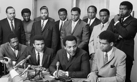 The 1967 meeting of African American athletes featuring, front row left to right, Bill Russell, Muhammad Ali, Jim Brown and Lew Alcindor (Kareem Abdul-Jabbar).