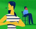 An illustration of a woman speaking with her arms crossed, while a person in the background sits on a bench crying