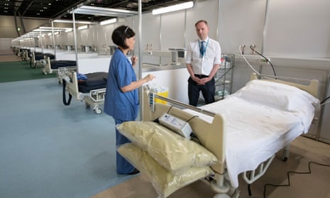 Sir Simon Stevens, CEO of NHS England, pictured at the Nightingale hospital, London. He said efforts to redistribute patients meant extensive use of this field hospital had not been needed. 