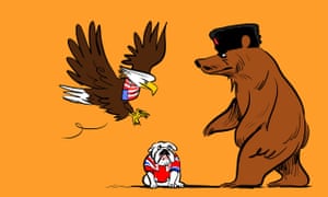 American eagle and Russian bear over a cowering British bulldog