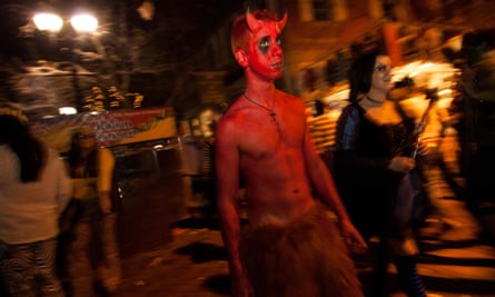 A young man dressed up as the devil on Halloween night in Salem, Massachusetts, US