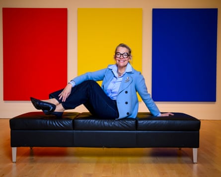 Kim Sajet, the director of the Milwaukee Art Museum, in front of Ellsworth Kelly’s Red Yellow Blue II, in November.