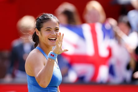 Emma Raducanu of Britain celebrates winning her women’s singles round of 16 match against Sorana Cirstea of Romania at the Queen’s Club