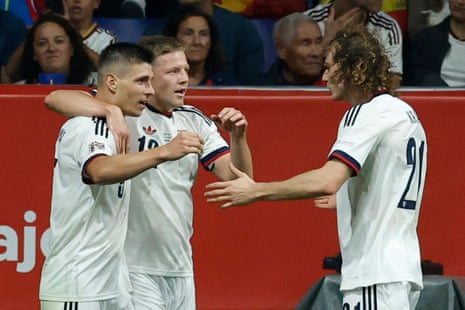 Czech Republic's Jiri Slama (left) celebrates scoring their first goal with Lukas Cerv and Alex Kral.