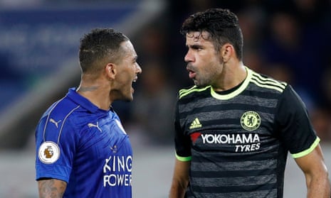Arsène Wenger feels Diego Costa, seen here in discussion with Leicester’s Danny Simpson, has shown a more focused attitude for Chelsea this season.