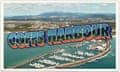 A retro looking postcard with the Coffs Harbour wharf in bold
