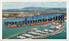 A retro looking postcard with the Coffs Harbour wharf in bold