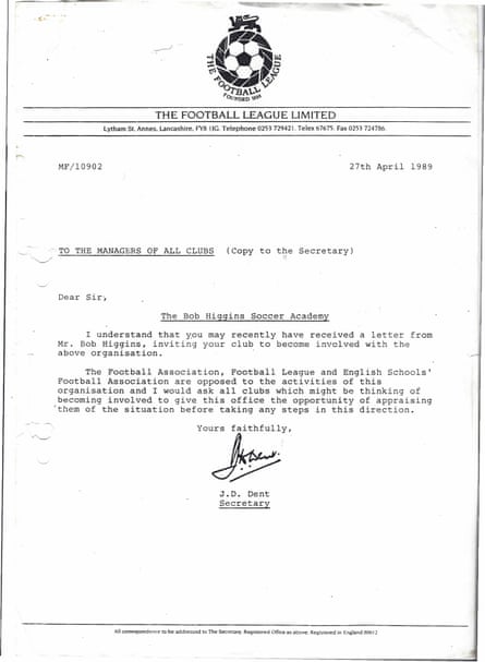 Scan of a letter sent in April 1989 to all Football League clubs warning them not to get involved with the Bob Higgins Soccer Academy.