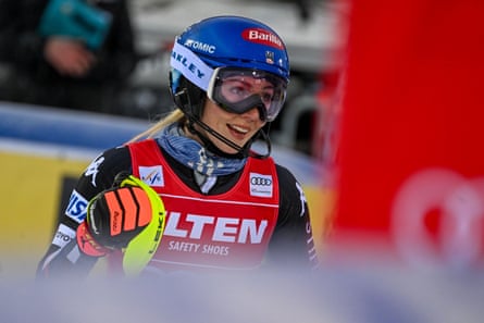Mikaela Shiffrin of United States reacts in the finish area after her second run on Saturday in Finland.