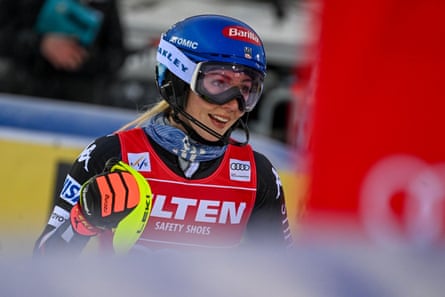 Mikaela Shiffrin of the United States reacts in the end zone after her second round on Saturday in Finland.