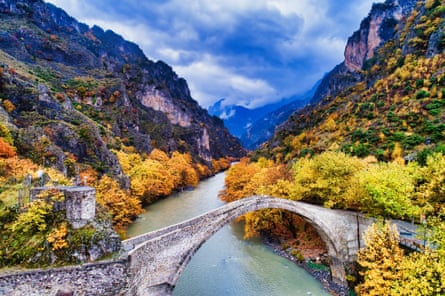 Aerial view of Konitsa bridge and Aoos River an autumn day, Greece