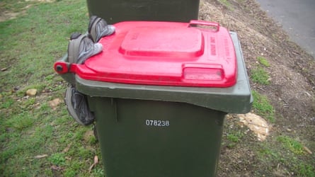 Running shoes wedged in the hinge of a wheelie bin lid; the shoes are too stiff for the cockatoo to be able to lift the lid, but bendy enough that when the bin is upturned, the waste inside can be emptied into a rubbish truck.
