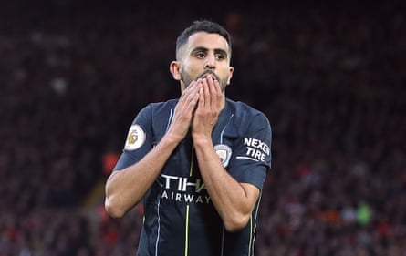 October 7. Riyad Mahrez reacts after a missed penalty against Liverpool at Anfield.